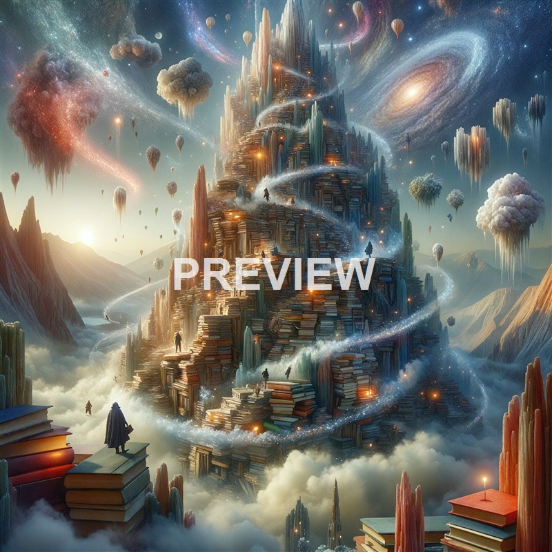 A fantastical floating mountain made of stacked books with people walking on its various levels, surrounded by clouds, colorful nebulae, and floating islands in a surreal cosmic landscape.